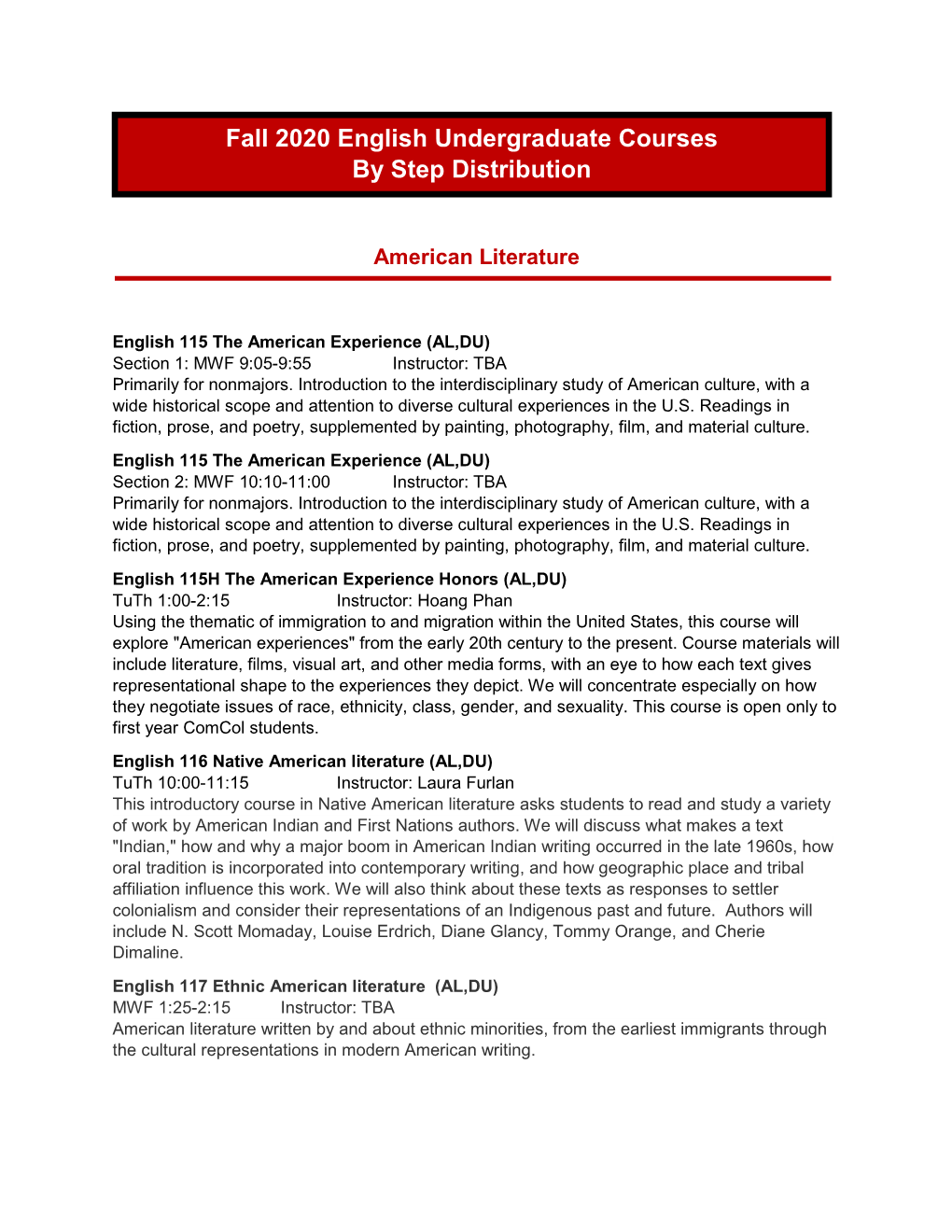 Fall 2020 English Undergraduate Courses by Step Distribution