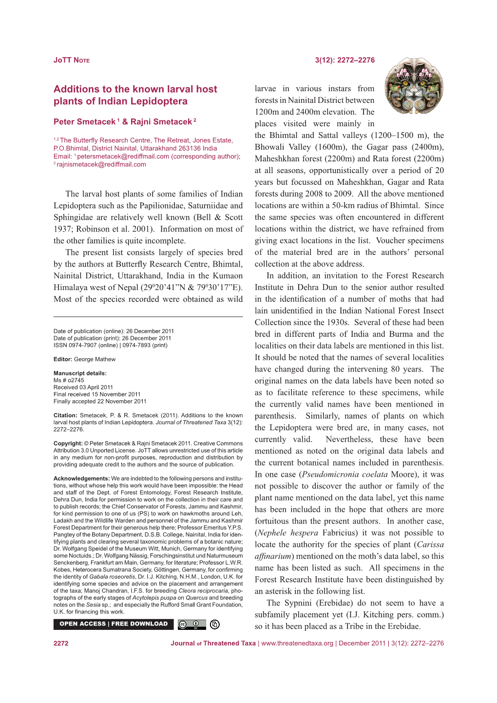 Additions to the Known Larval Host Plants of Indian Lepidoptera