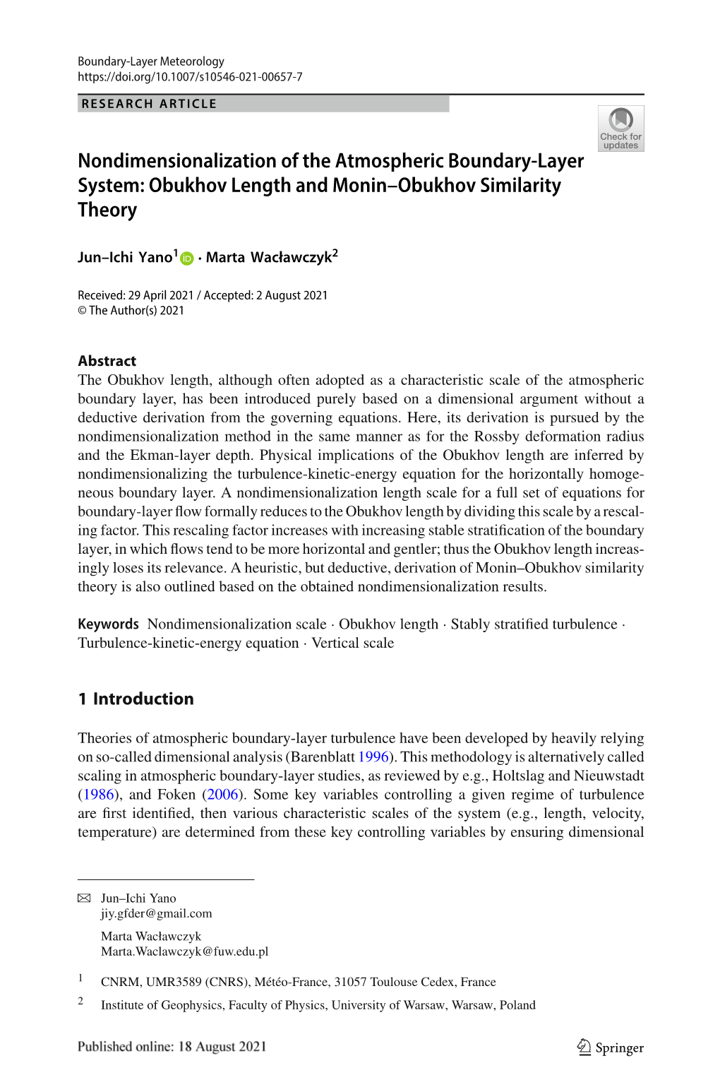 Nondimensionalization of the Atmospheric Boundary-Layer System: Obukhov Length and Monin–Obukhov Similarity Theory