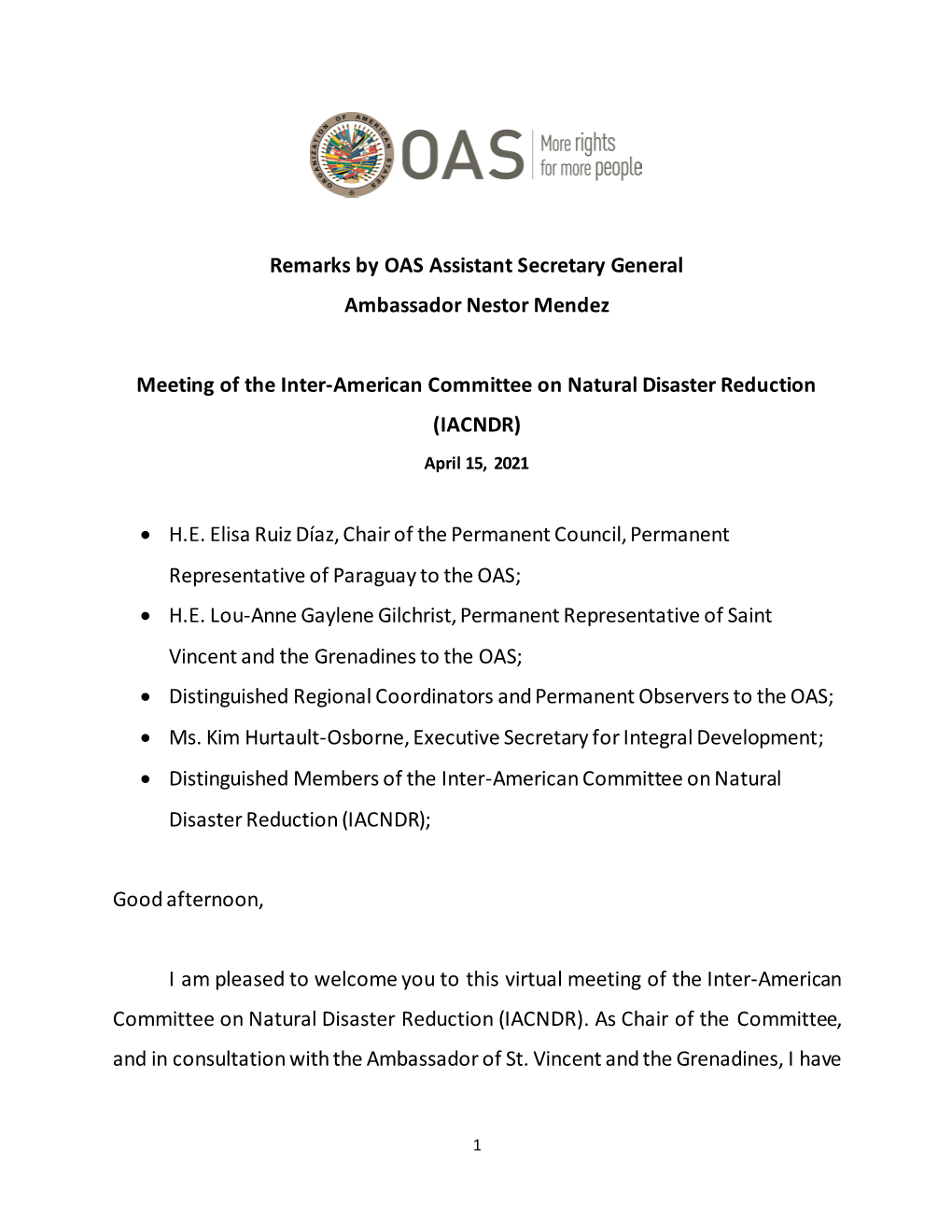 Remarks by OAS Assistant Secretary General Ambassador Nestor Mendez