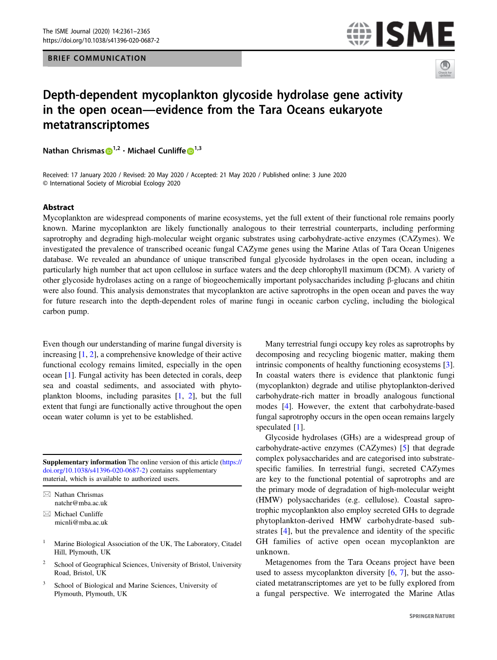 Depth-Dependent Mycoplankton Glycoside Hydrolase Gene Activity in the Open Oceanâ€”Evidence from the Tara Oceans Eukaryote