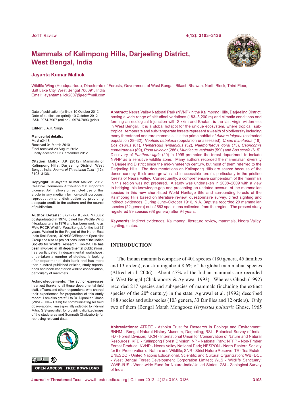 Mammals of Kalimpong Hills, Darjeeling District, West Bengal, India