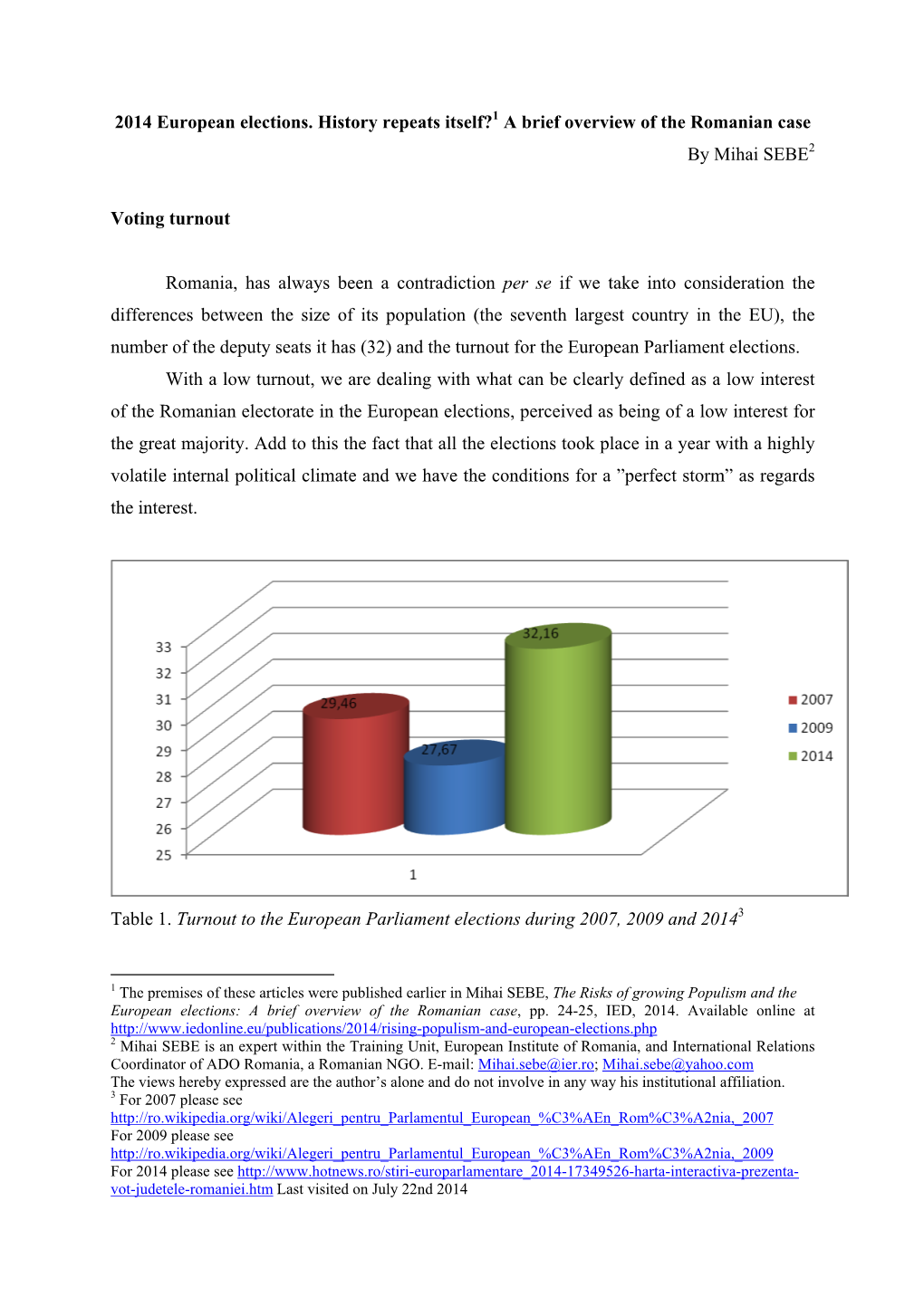 2014 European Elections. History Repeats Itself?1 a Brief Overview of the Romanian Case by Mihai SEBE2 Voting Turnout Romania, H