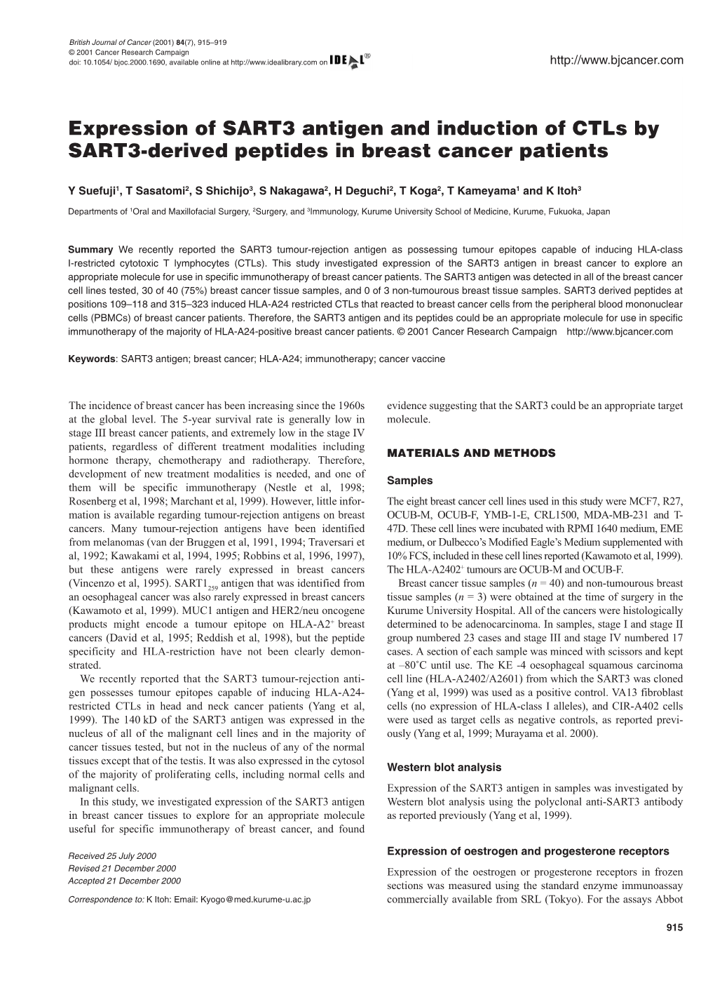 Expression of SART3 Antigen and Induction of Ctls by SART3-Derived Peptides in Breast Cancer Patients