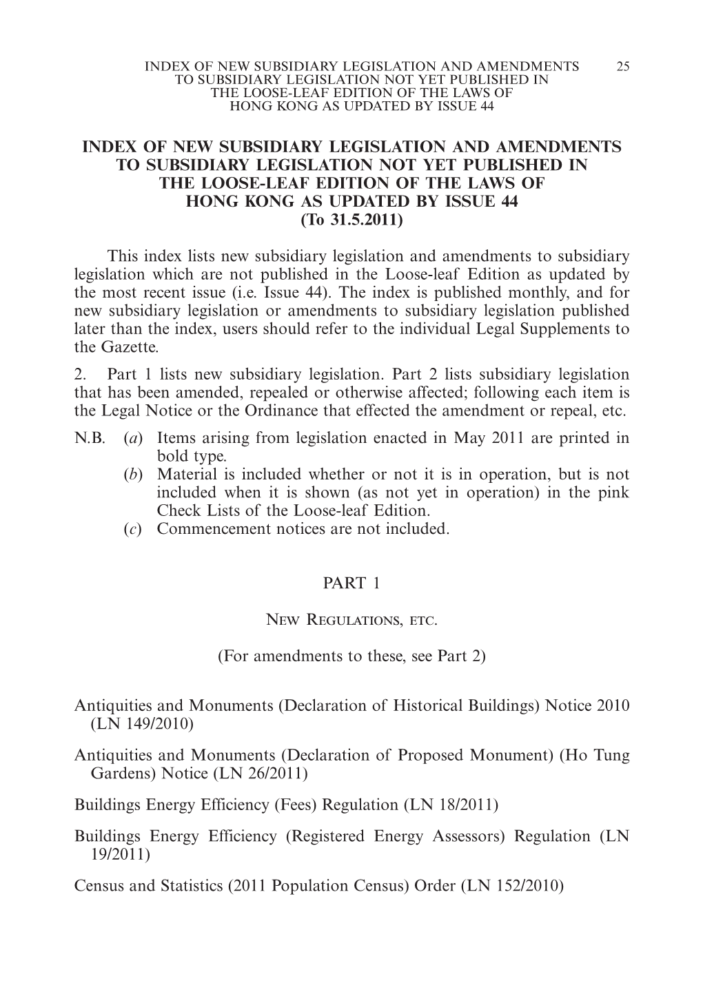 Index of New Subsidiary Legislation And