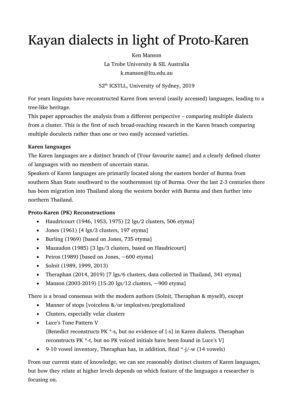 Kayan Dialects in Light of Proto-Karen Ken Manson La Trobe University & SIL Australia K.Manson@Ltu.Edu.Au