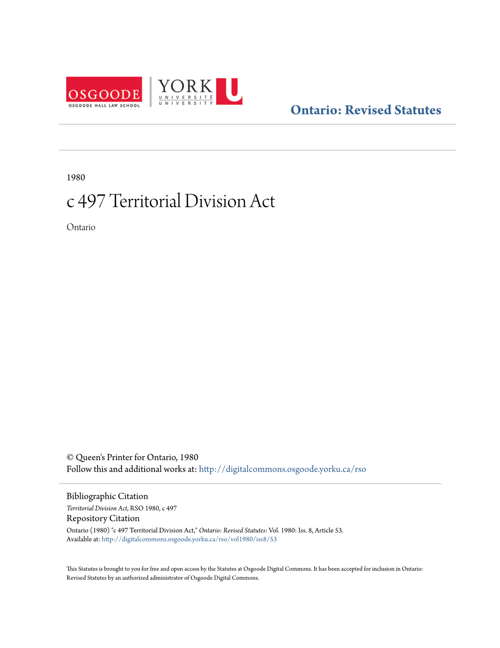 C 497 Territorial Division Act Ontario