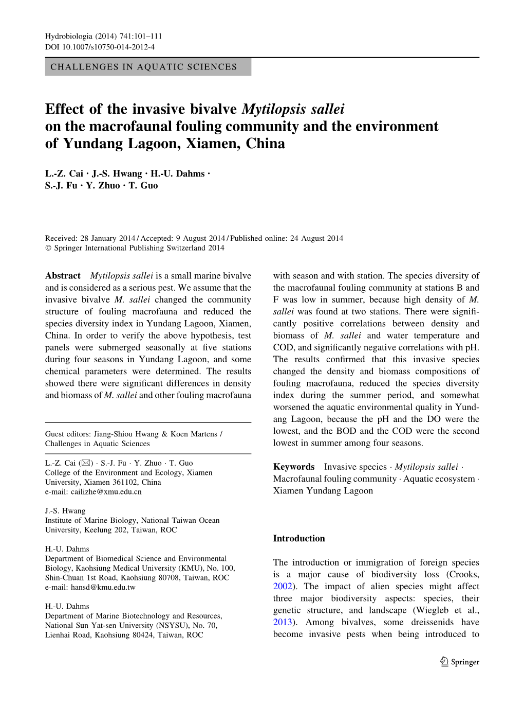 Effect of the Invasive Bivalve Mytilopsis Sallei on the Macrofaunal Fouling Community and the Environment of Yundang Lagoon, Xiamen, China