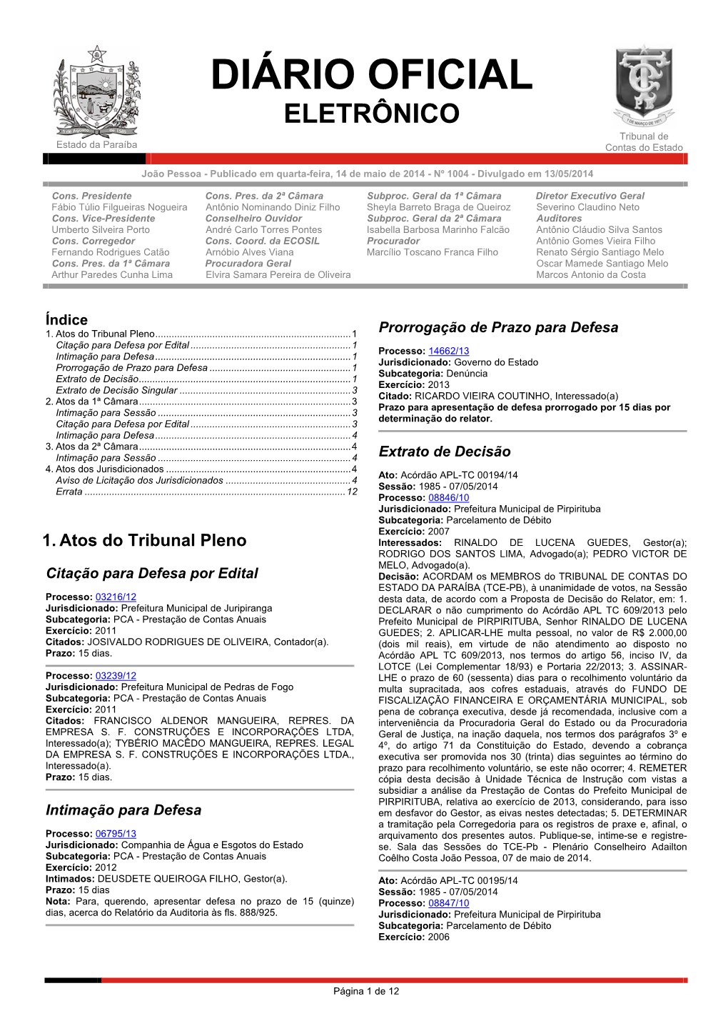 Diário Oficial Eletrônico Do TCE-PB - Publicado Em Quarta-Feira, 14 De Maio De 2014 - Nº 1004