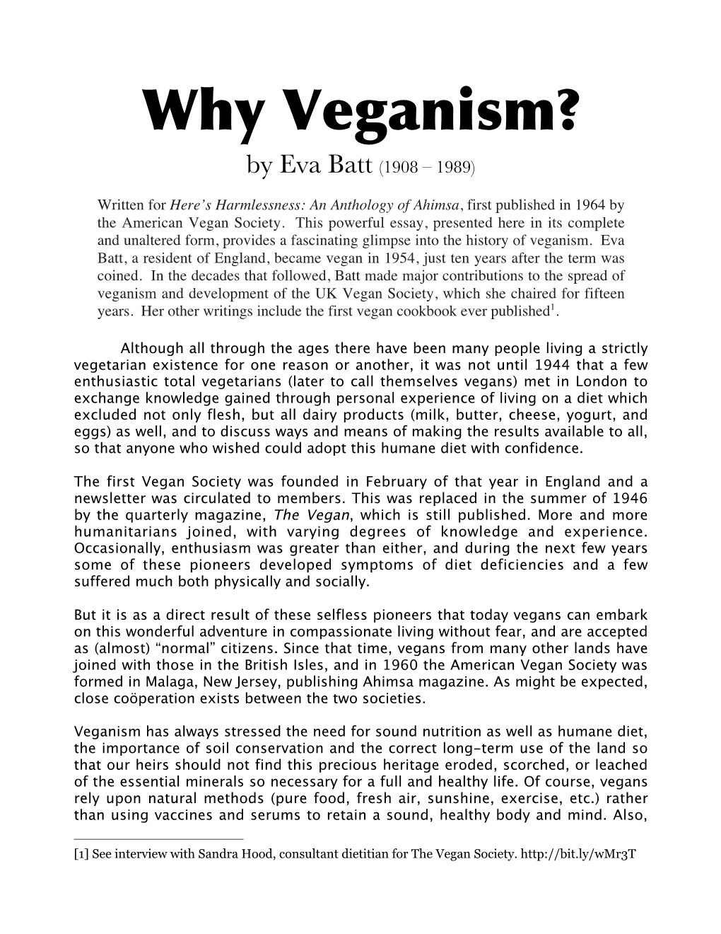 Why Veganism? by Eva Batt (1908 – 1989)