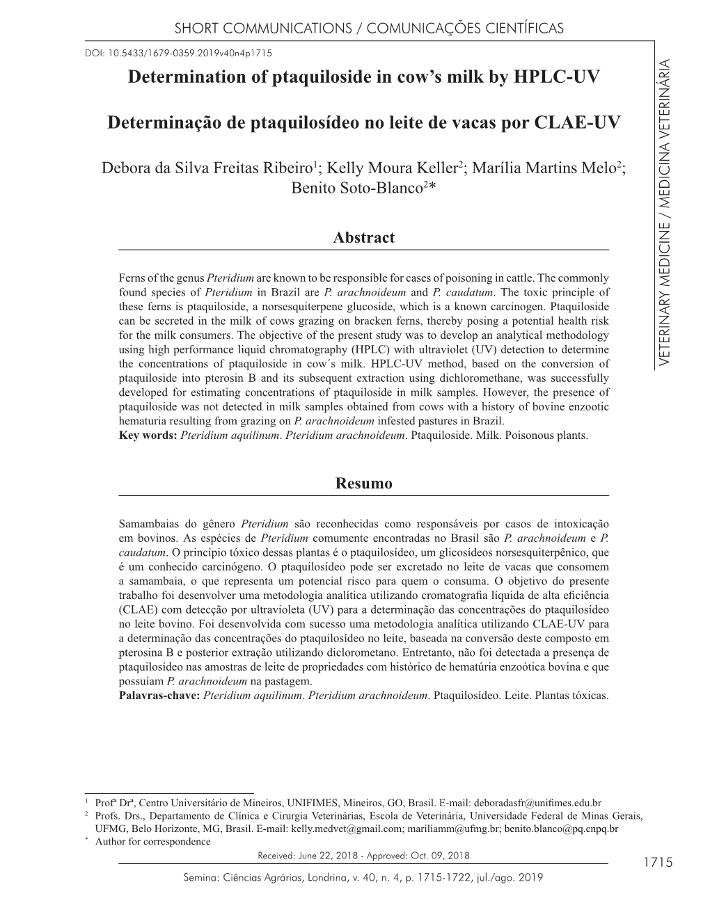 Determination of Ptaquiloside in Cow's Milk by HPLC-UV