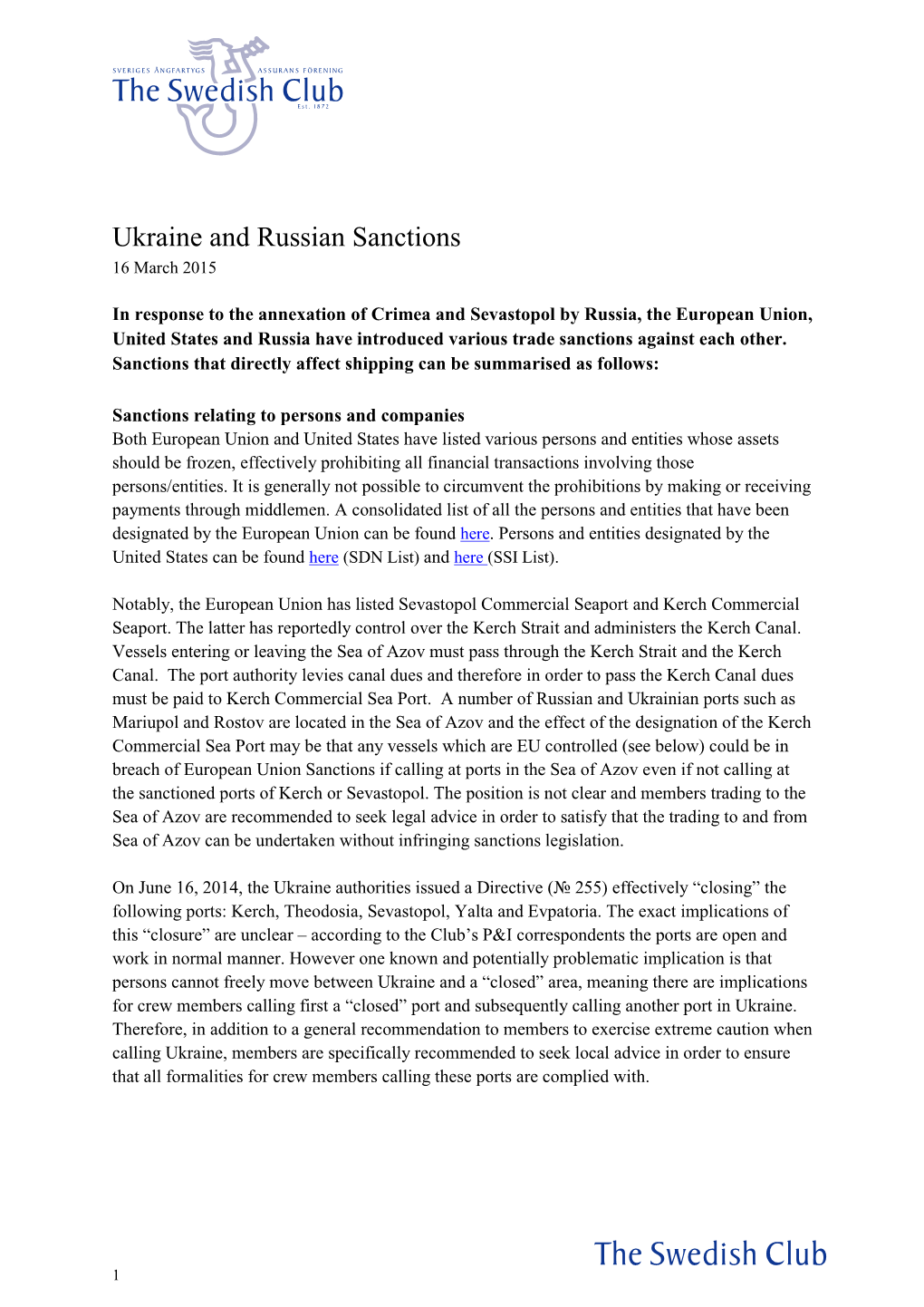 Ukraine and Russian Sanctions 16 March 2015