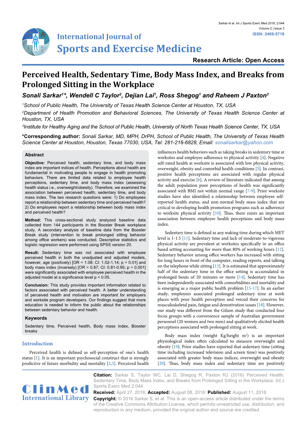 Perceived Health, Sedentary Time, Body Mass Index, and Breaks from Prolonged Sitting in the Workplace