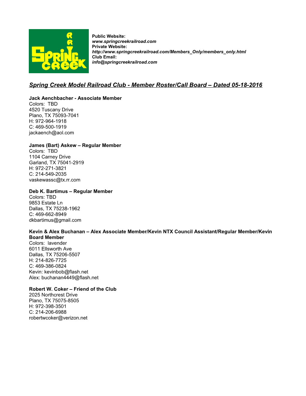 Spring Creek Model Railroad Club - Member Roster/Call Board Dated 05-18-2016