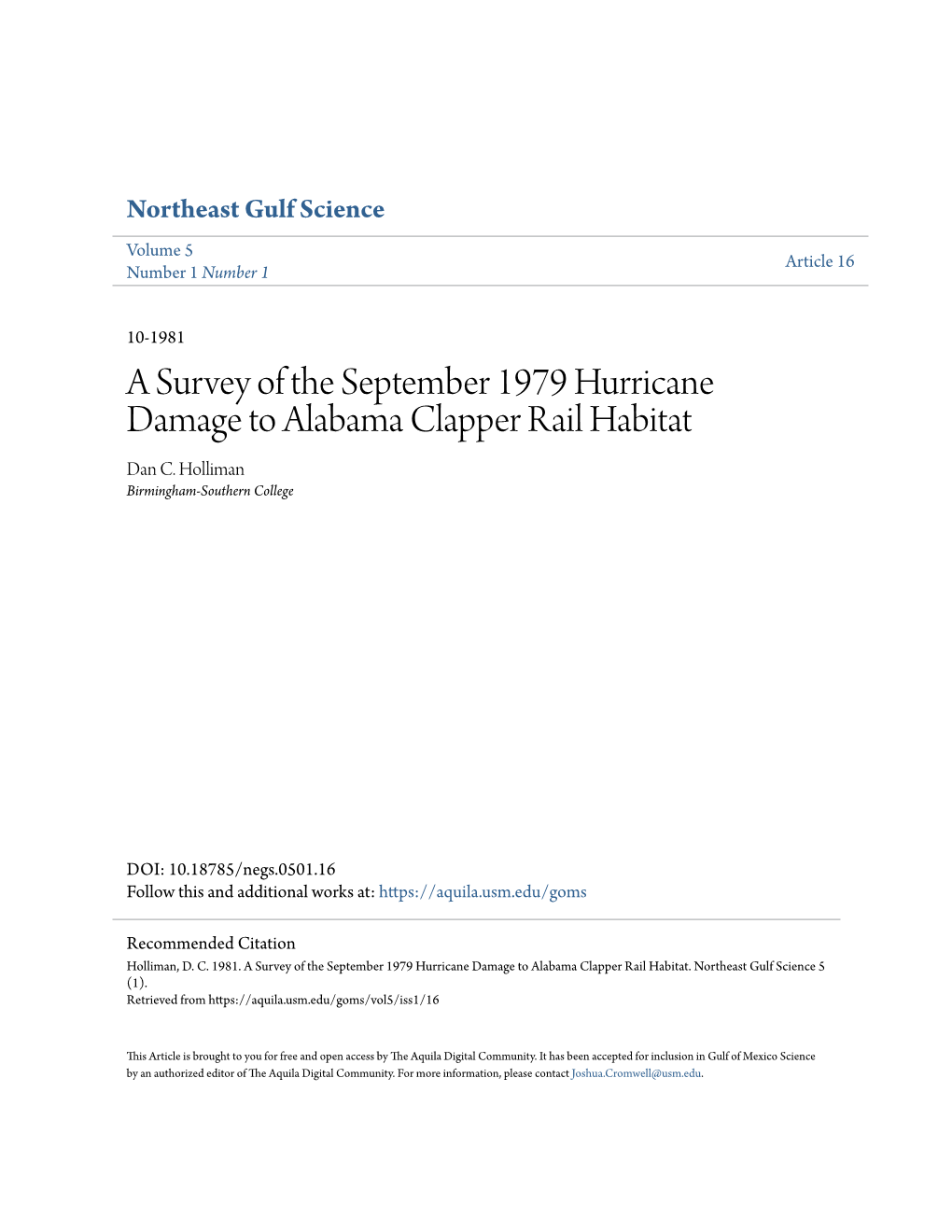 A Survey of the September 1979 Hurricane Damage to Alabama Clapper Rail Habitat Dan C