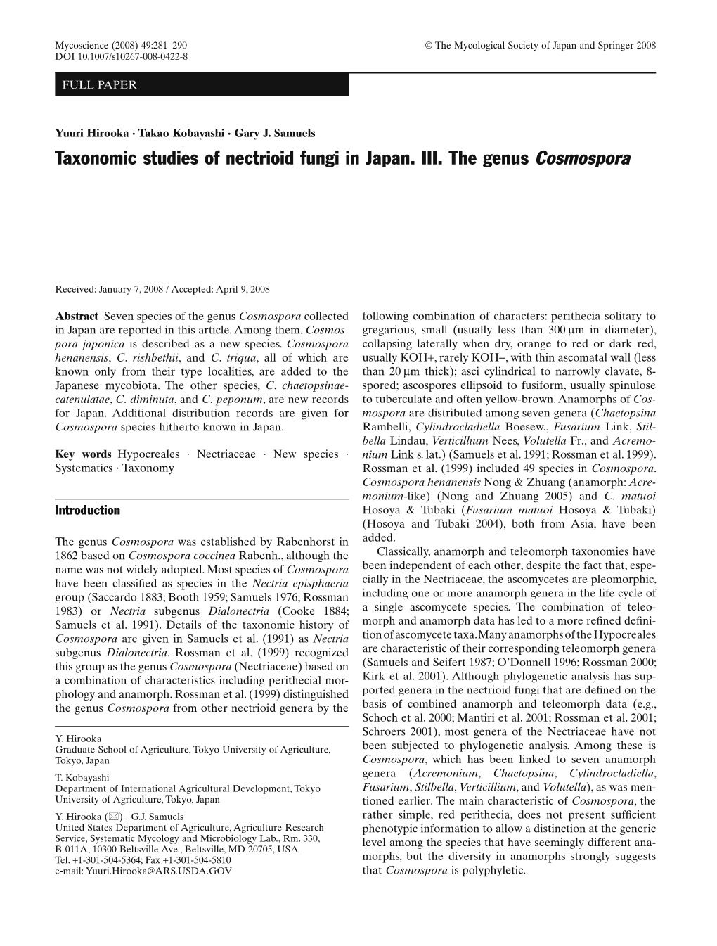 Taxonomic Studies of Nectrioid Fungi in Japan. III. the Genus Cosmospora