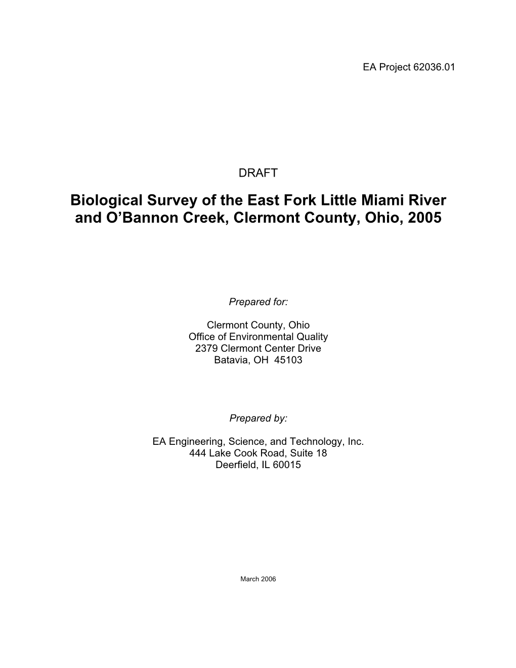 Biological Survey of the East Fork Little Miami River and O'bannon