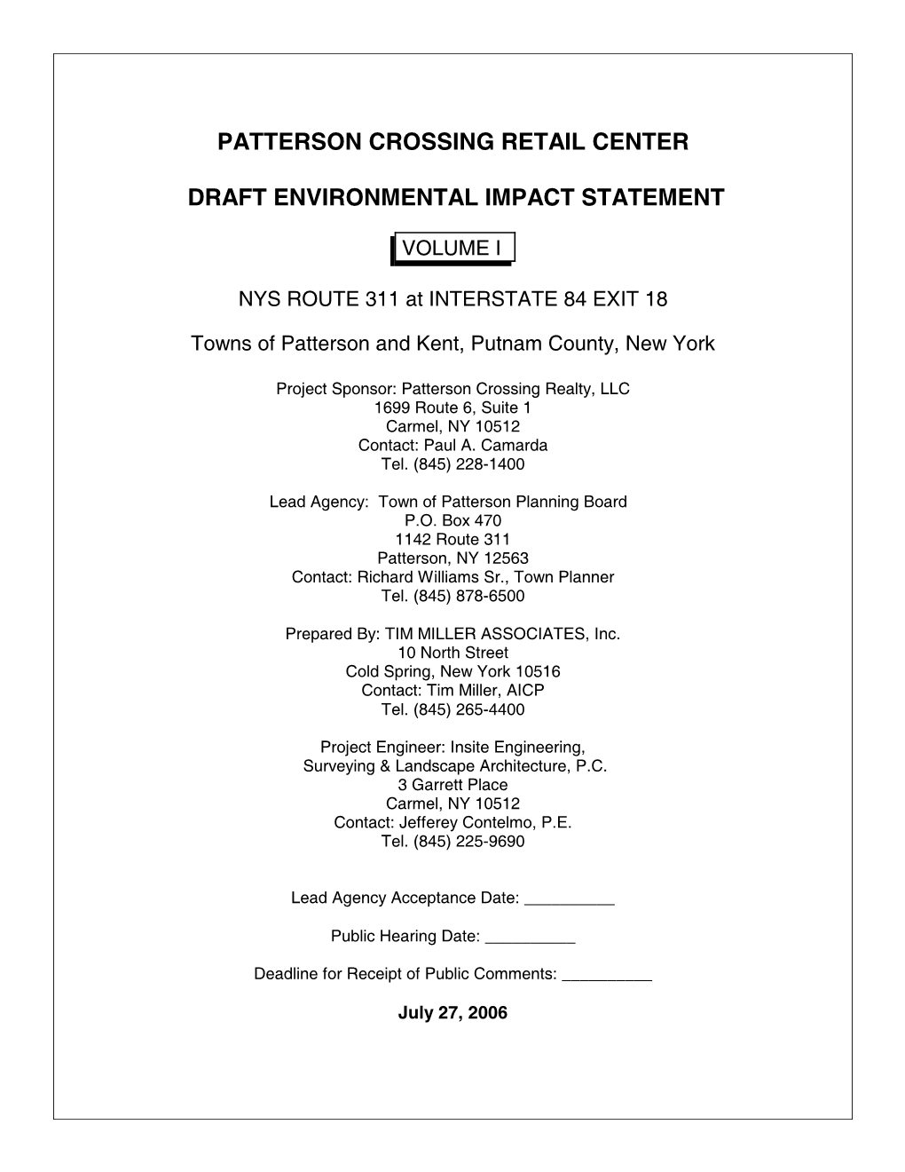 PATTERSON CROSSING RETAIL CENTER Draft Environmental Impact Statement