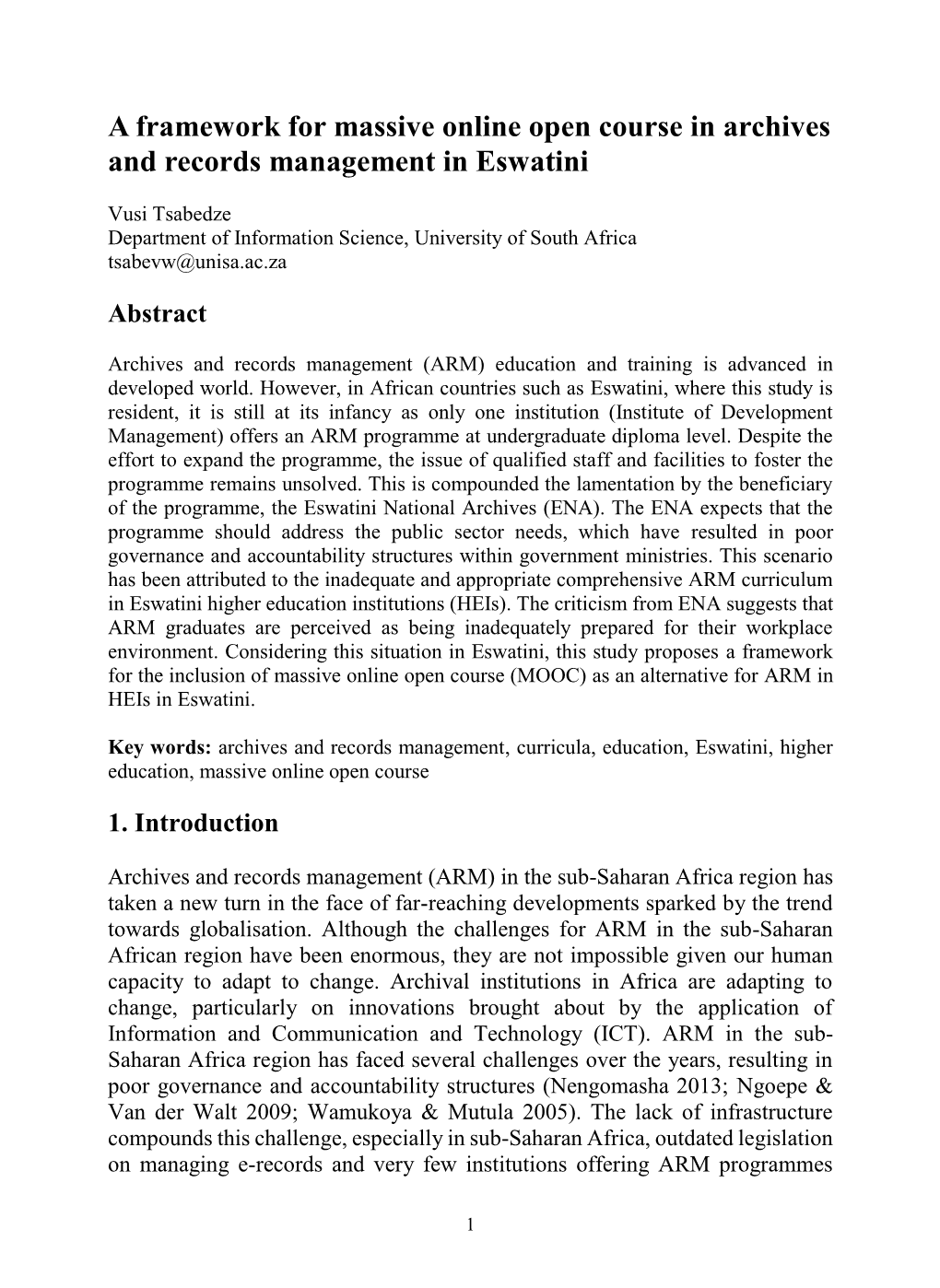 A Framework for Massive Online Open Course in Archives and Records Management in Eswatini