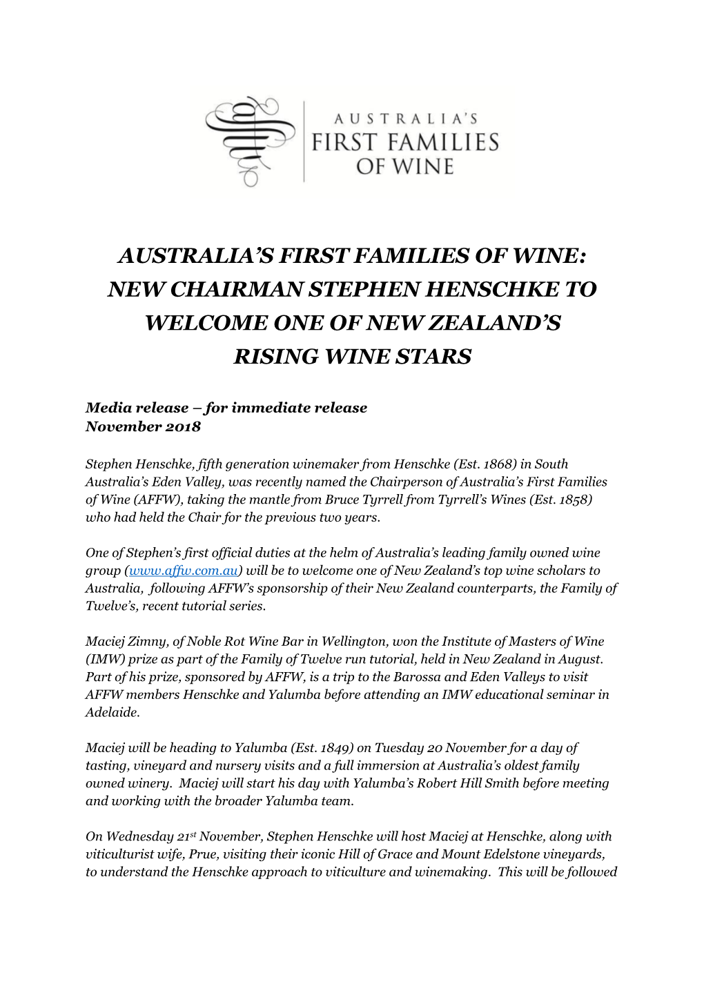 Australia's First Families of Wine: New Chairman Stephen