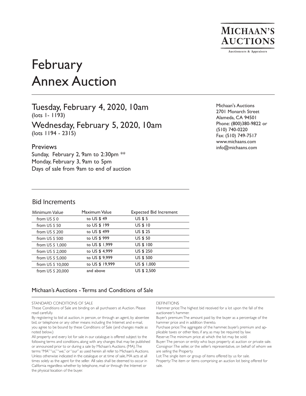 Catalog for February 4, 2020 February Annex Auction