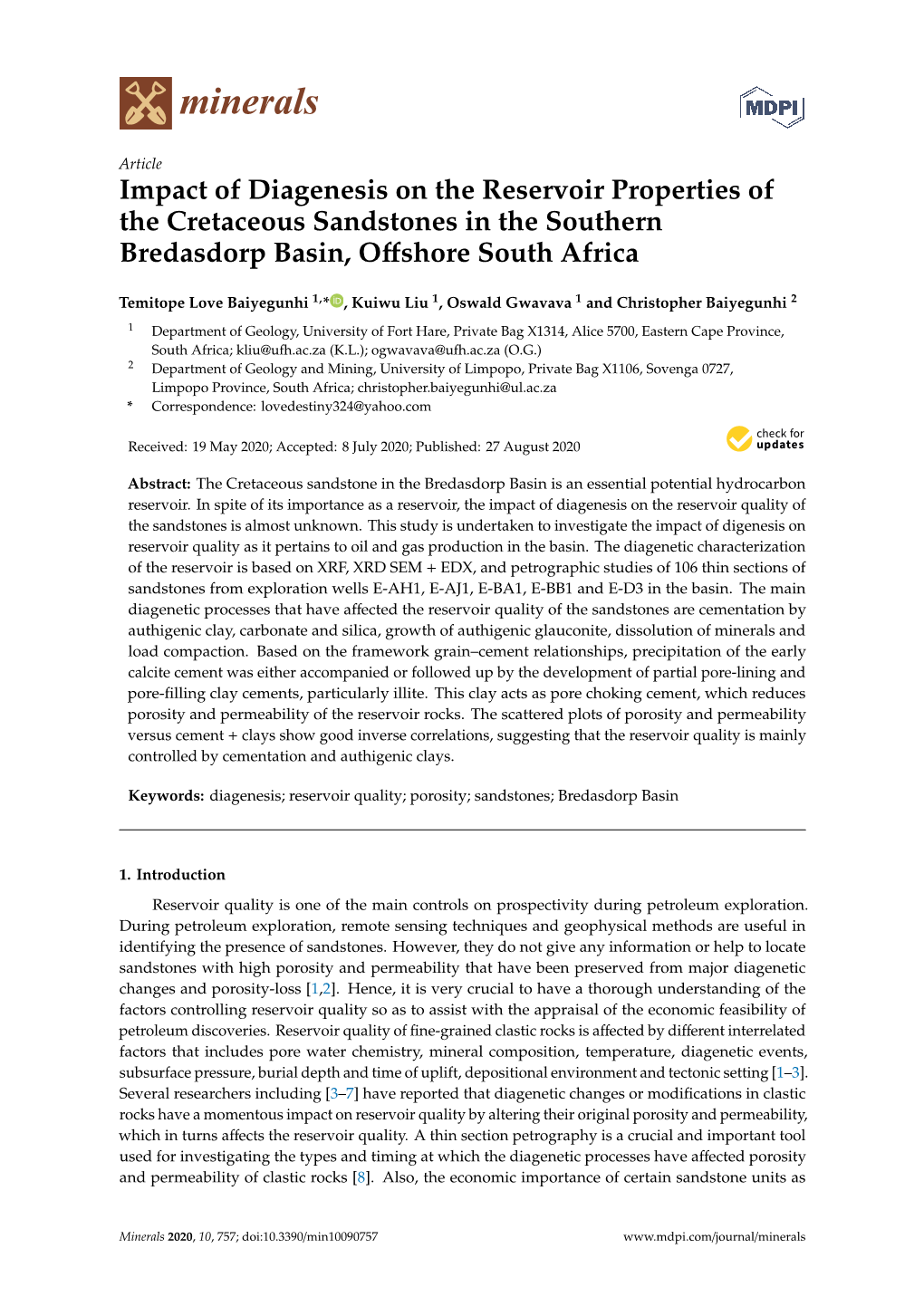 Impact of Diagenesis on the Reservoir Properties of the Cretaceous Sandstones in the Southern Bredasdorp Basin, Oﬀshore South Africa