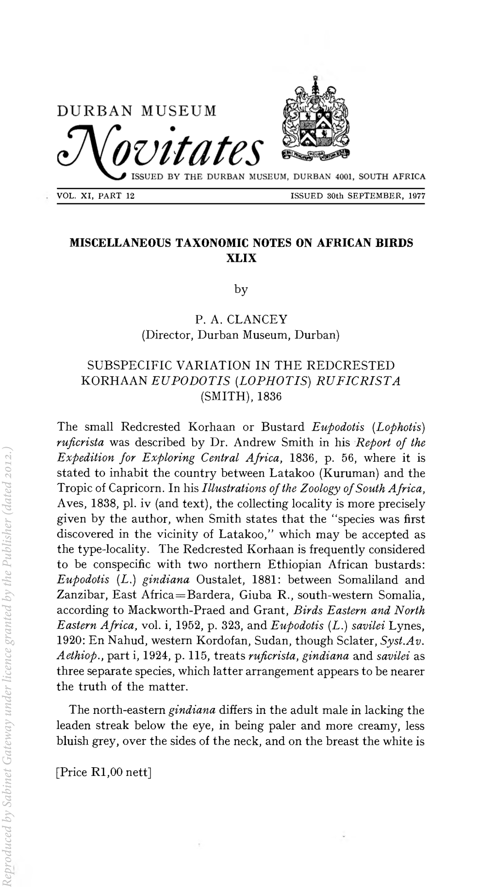 Subspecific Variation in the Redcrested Korhaan Eupodotis.Pdf