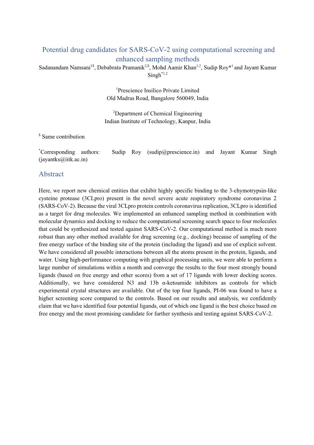 Potential Drug Candidates for SARS-Cov-2 Using Computational