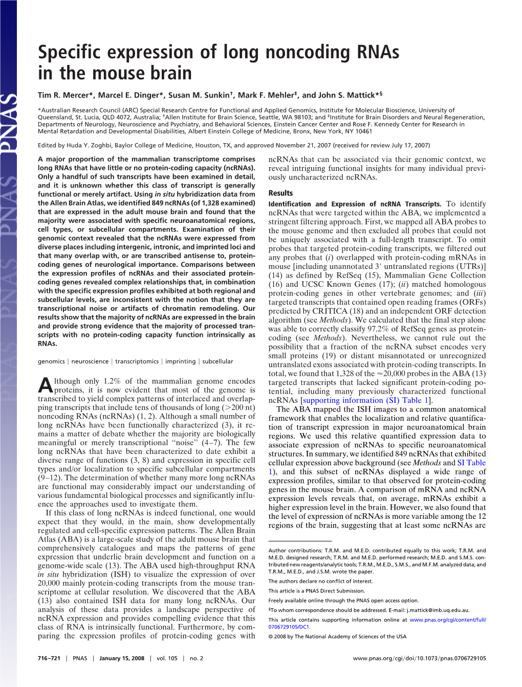 Specific Expression of Long Noncoding Rnas in the Mouse Brain