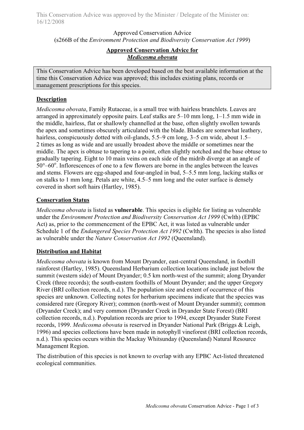 Approved Conservation Advice for Medicosma Obovata