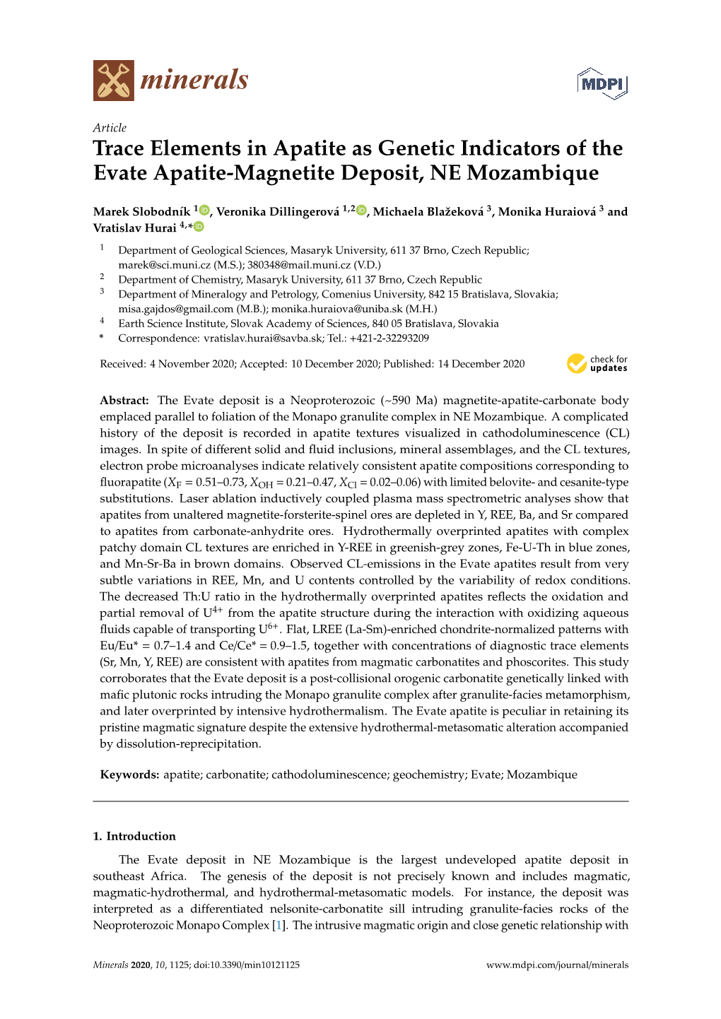 Trace Elements in Apatite As Genetic Indicators of the Evate Apatite-Magnetite Deposit, NE Mozambique