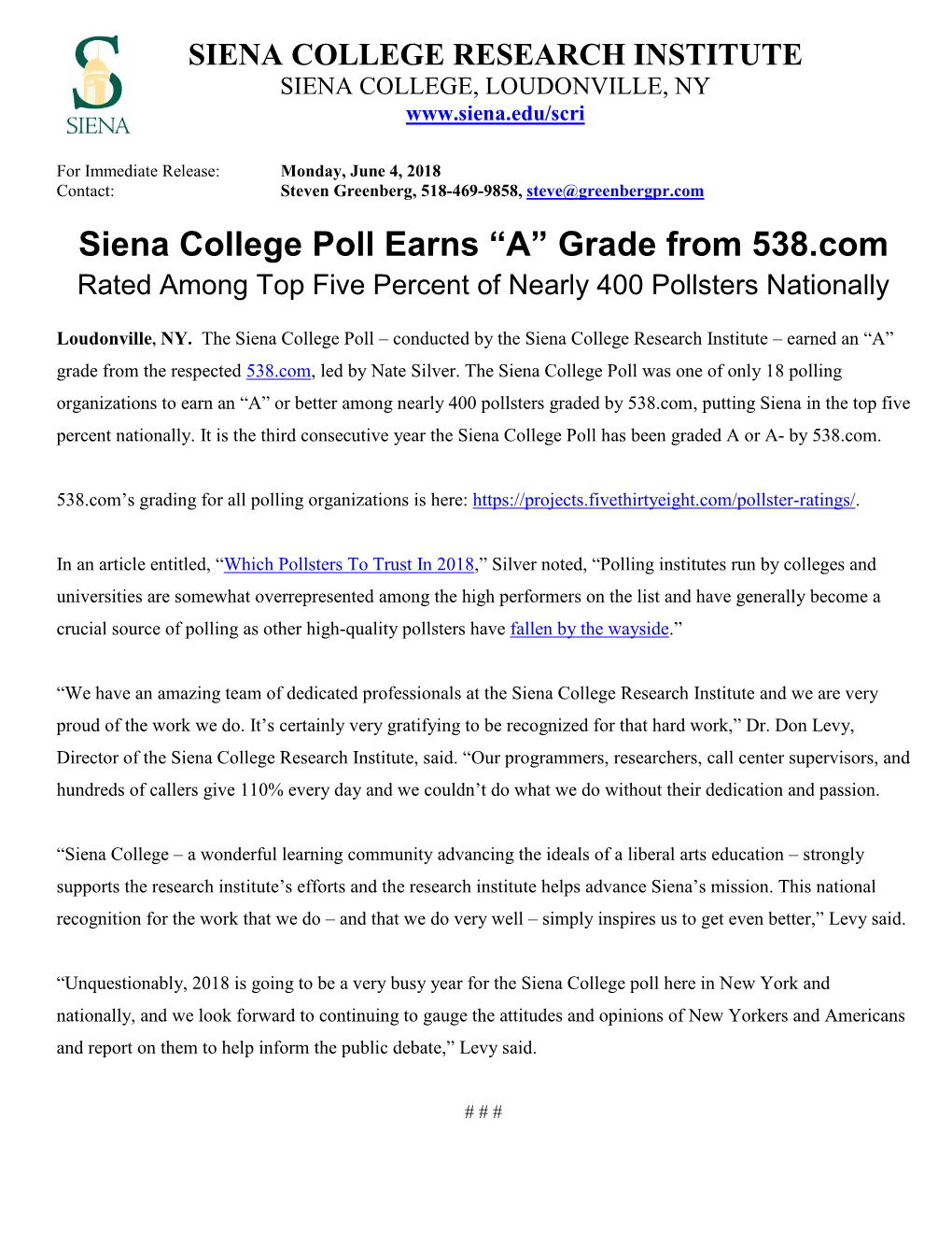 Siena College Poll Earns “A” Grade from 538.Com