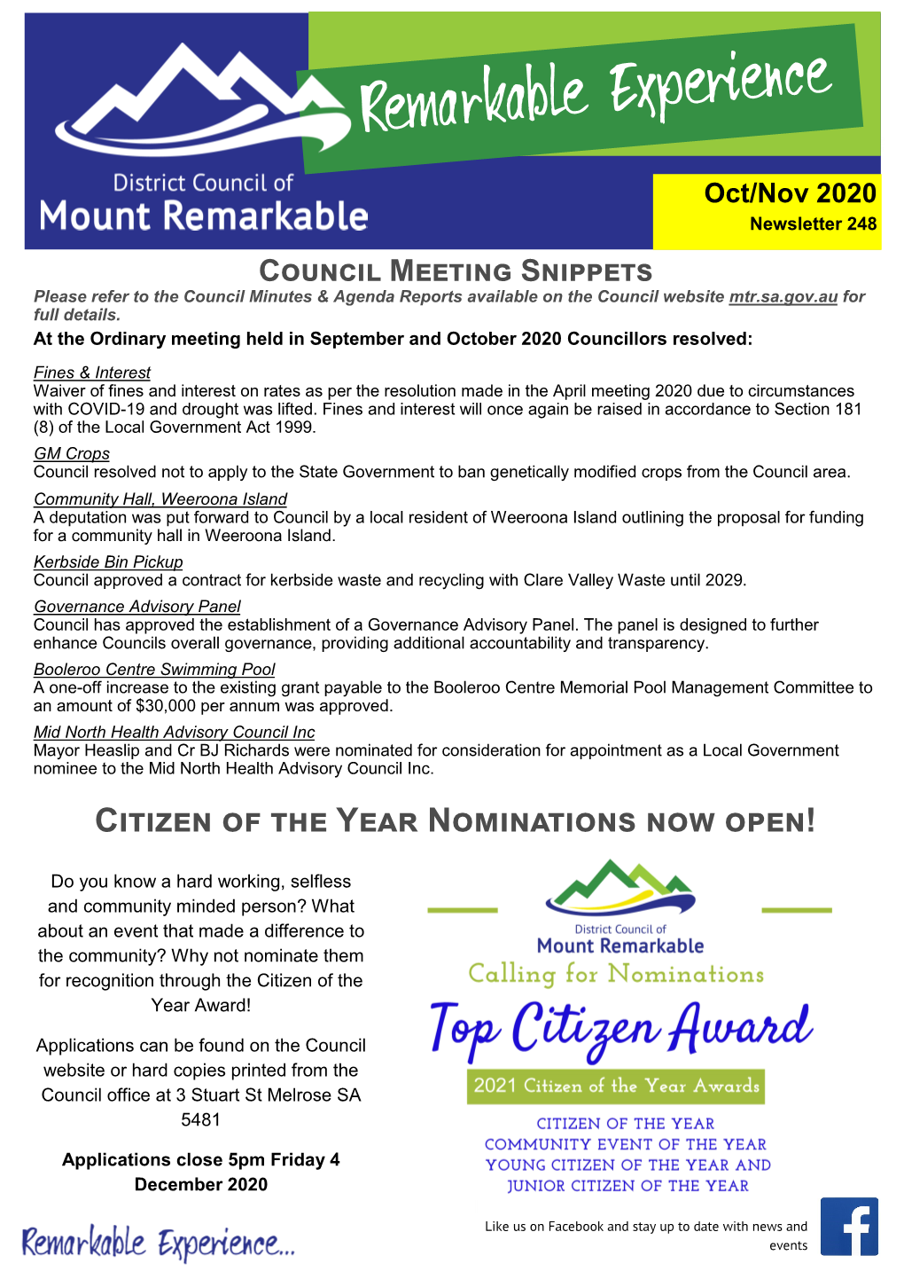 Nov 2020 Newsletter 248 Council Meeting Snippets Please Refer to the Council Minutes & Agenda Reports Available on the Council Website Mtr.Sa.Gov.Au for Full Details