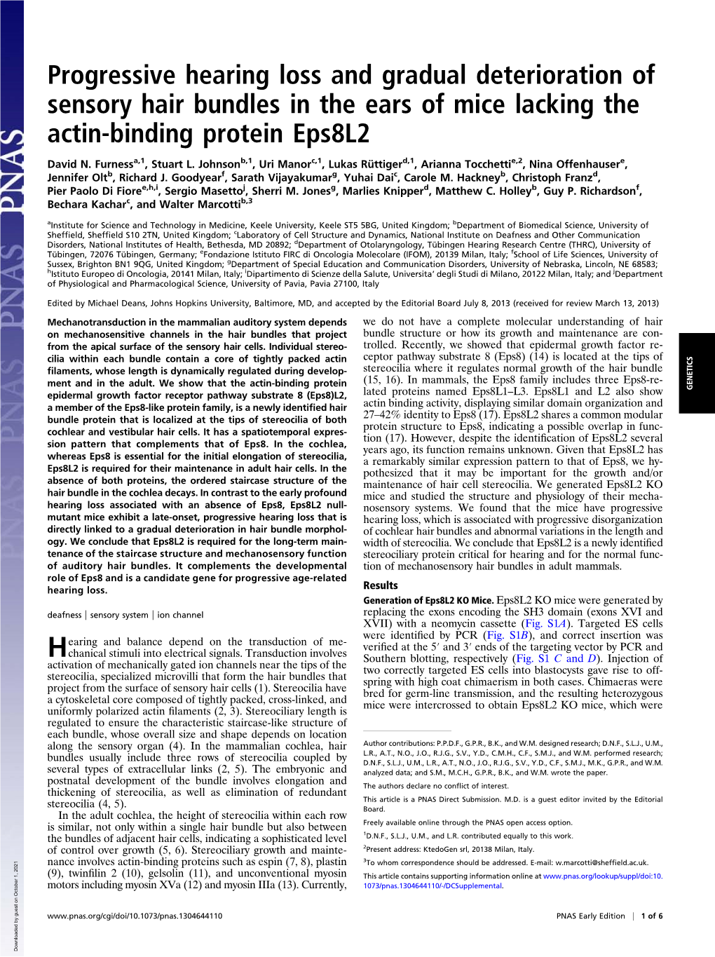 Progressive Hearing Loss and Gradual Deterioration of Sensory Hair Bundles in the Ears of Mice Lacking the Actin-Binding Protein Eps8l2