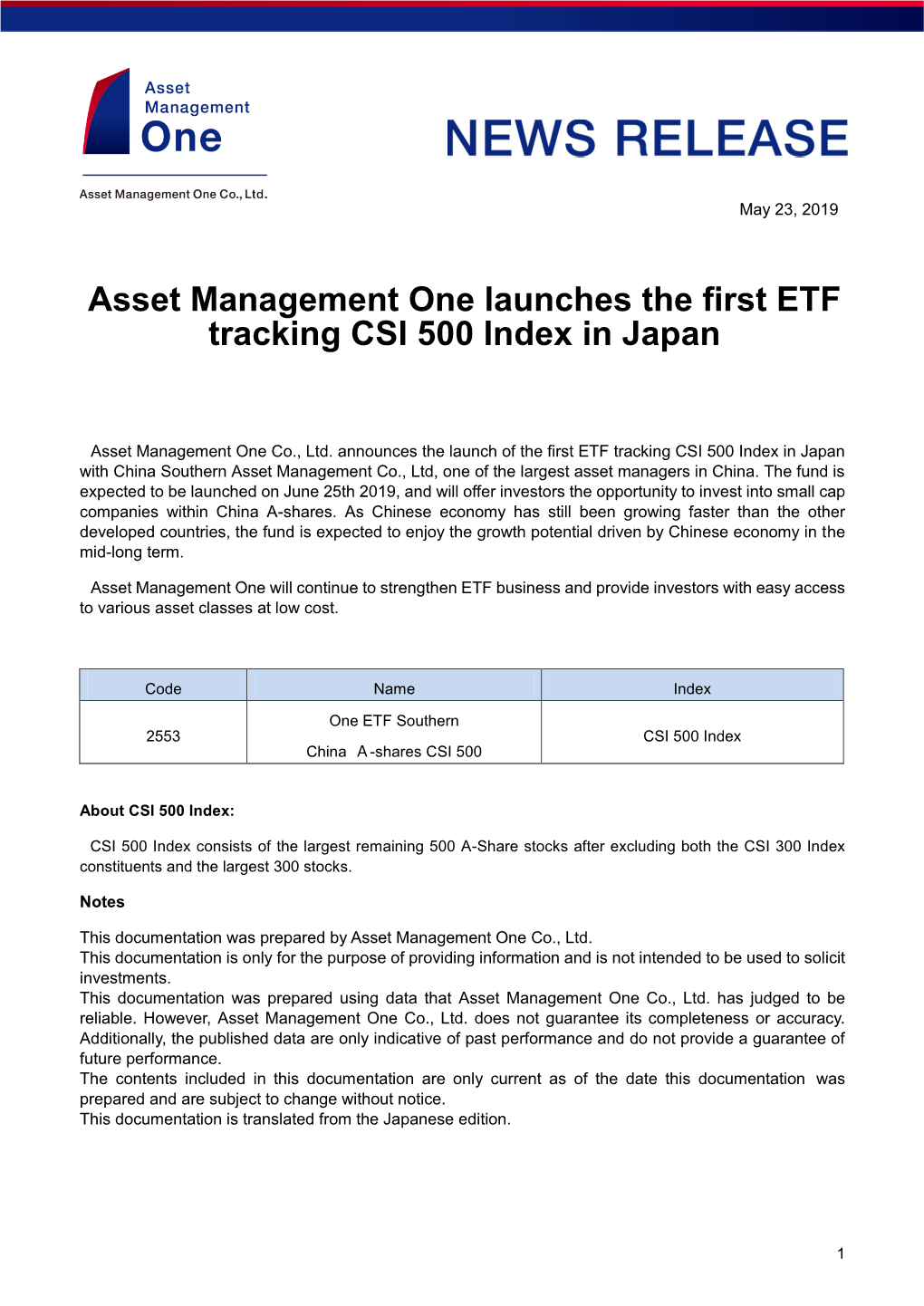 Asset Management One Launches the First ETF Tracking CSI 500 Index in Japan