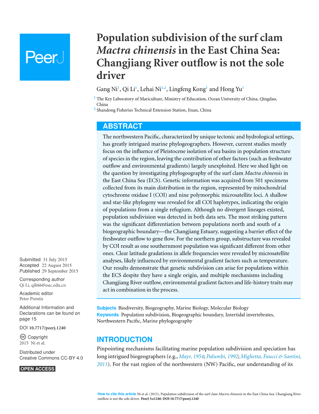 Population Subdivision of the Surf Clam Mactra Chinensis in the East China