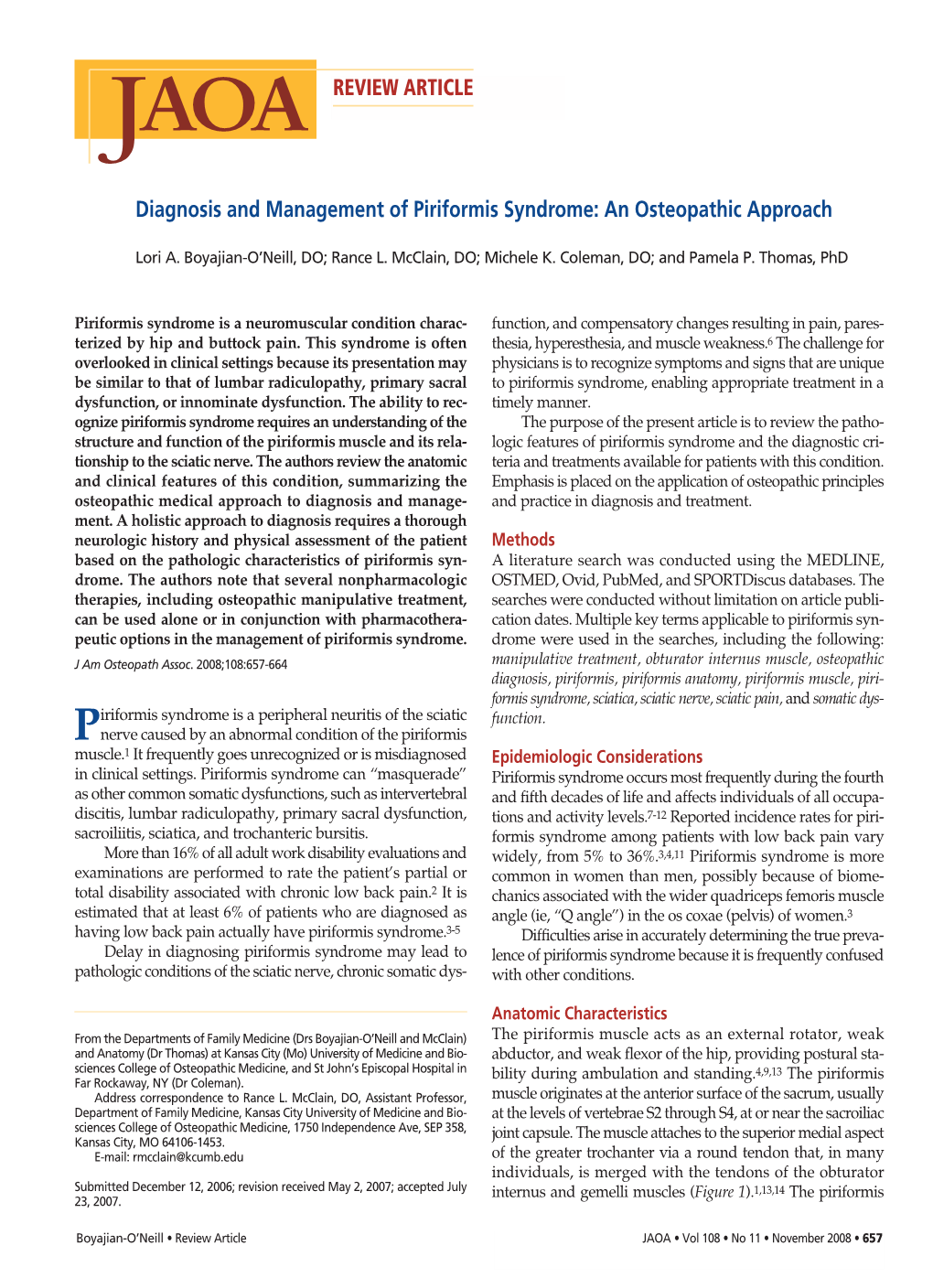 Diagnosis and Management of Piriformis Syndrome: an Osteopathic Approach