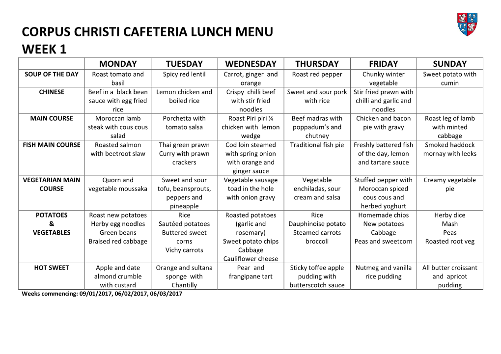 Corpus Christi Cafeteria Lunch Menu Week 1