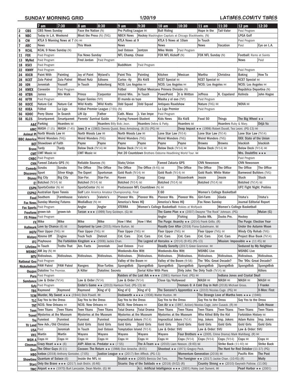 Sunday Morning Grid 1/20/19 Latimes.Com/Tv Times