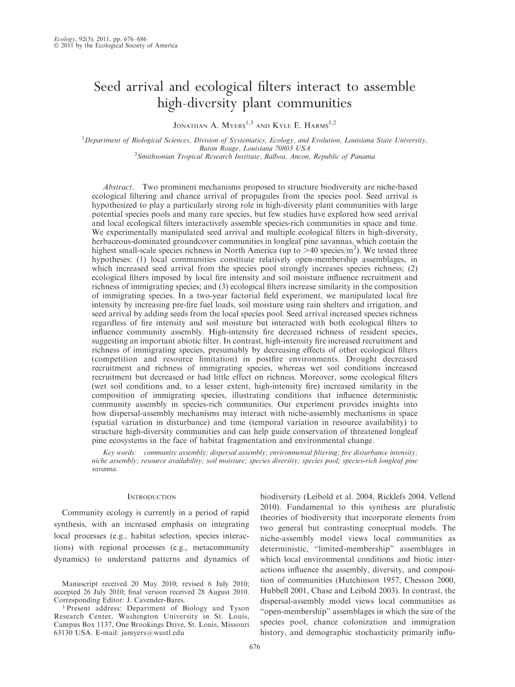 Seed Arrival and Ecological Filters Interact to Assemble High-Diversity Plant Communities