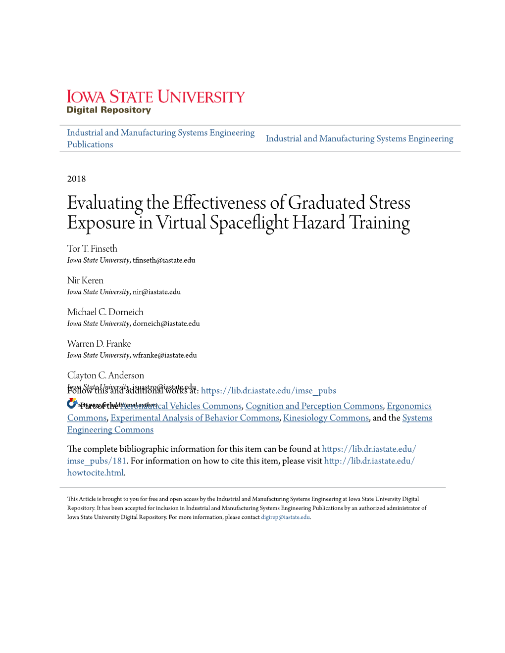 Evaluating the Effectiveness of Graduated Stress Exposure in Virtual Spaceflight Hazard Training Tor T