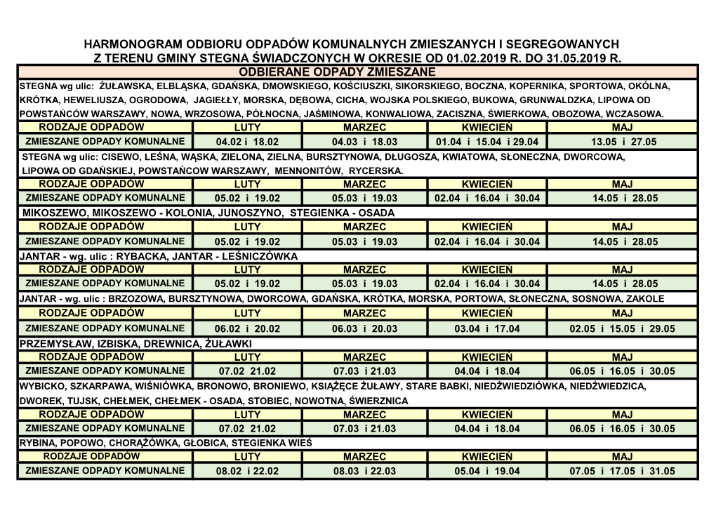 Harmonogram Odbioru Odpadów Komunalnych Zmieszanych I Segregowanych Z Terenu Gminy Stegna Świadczonych W Okresie Od 01.02.2019 R