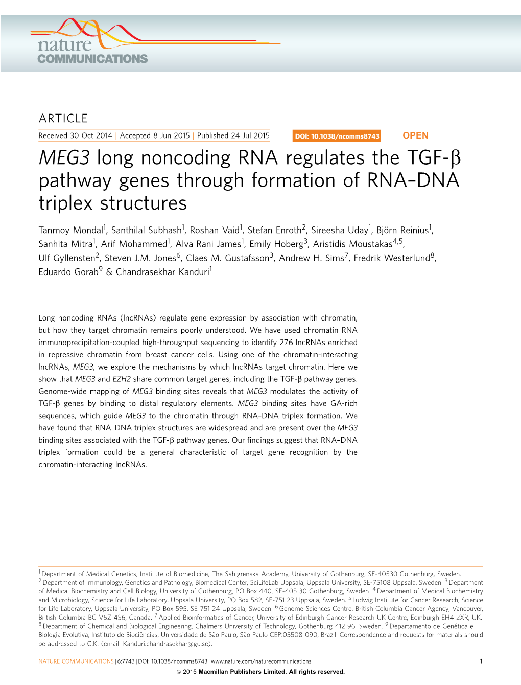 MEG3 Long Noncoding RNA Regulates the TGF-&Beta