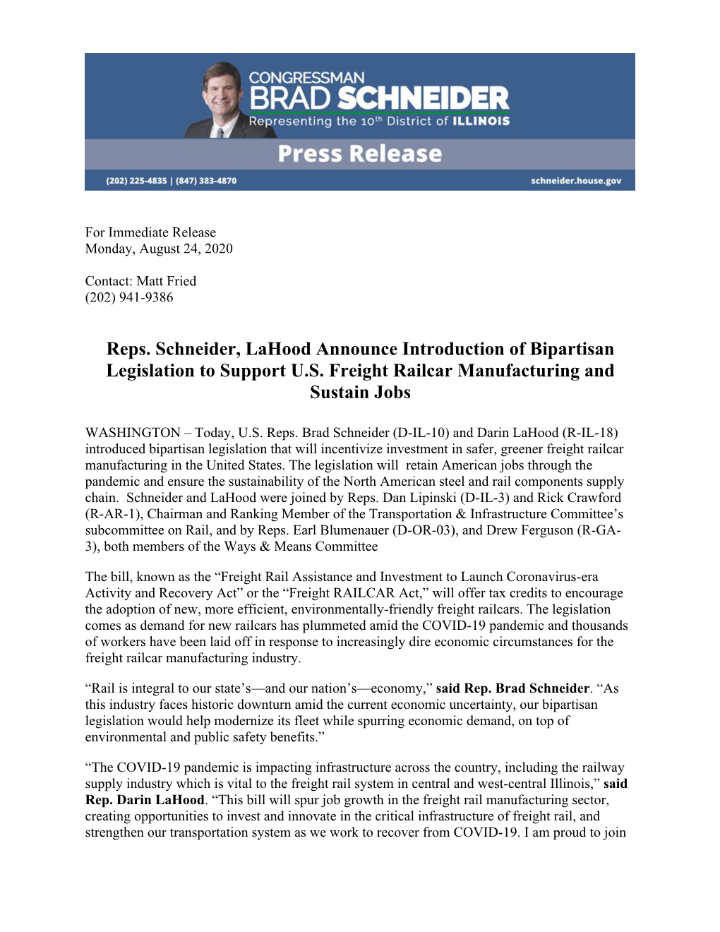 Reps. Reps. Schneider, Lahood Announce Introduction of Bipartisan Legislation to Support