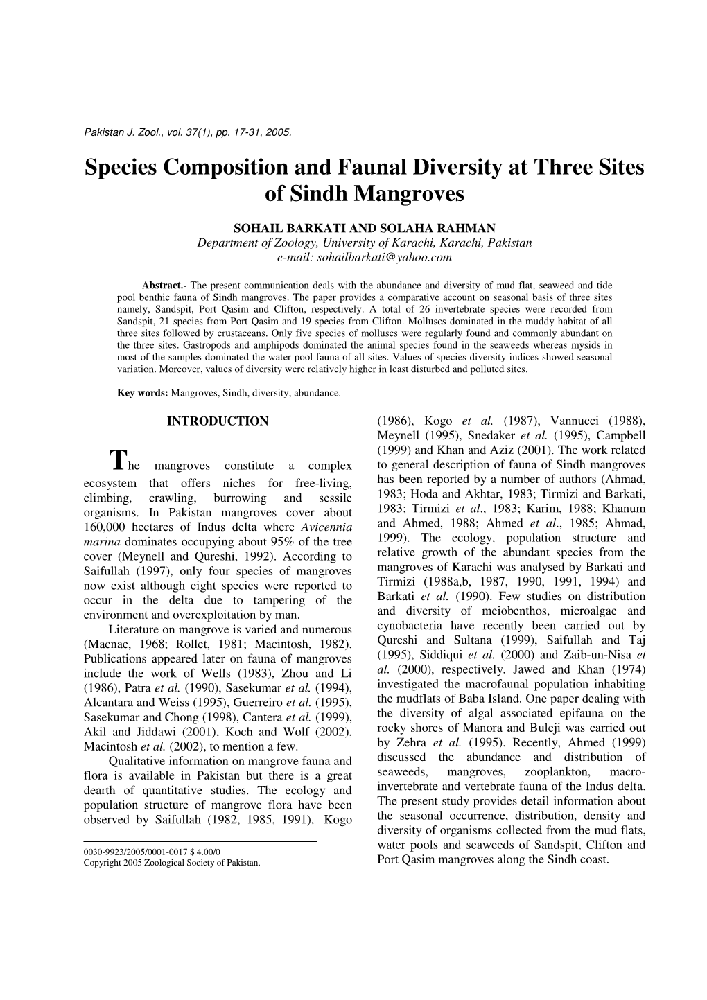 Species Composition and Faunal Diversity at Three Sites of Sindh Mangroves