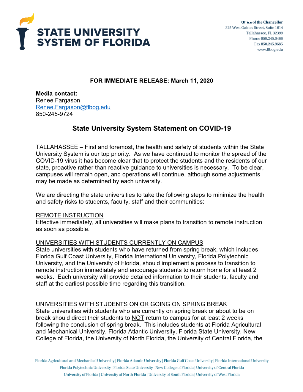 March 11, 2020: State University System Statement on COVID-19