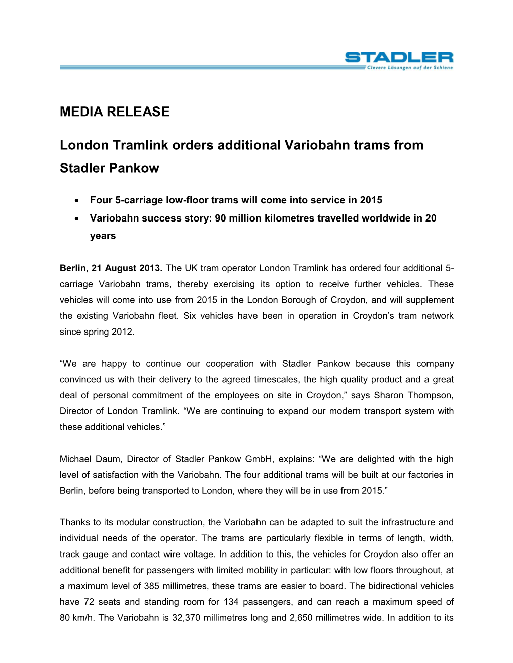 MEDIA RELEASE London Tramlink Orders Additional Variobahn Trams