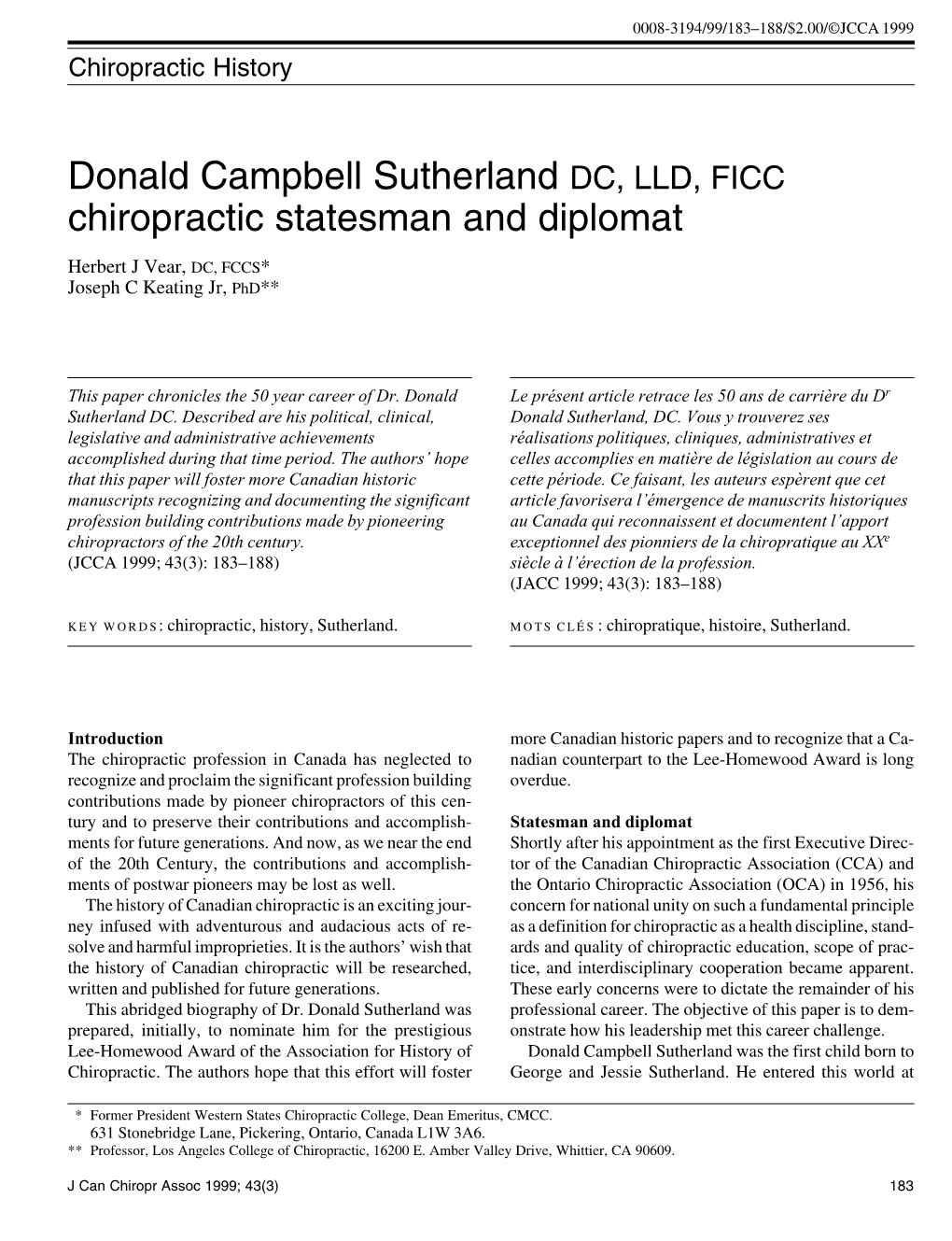 Donald Campbell Sutherland DC, LLD, FICC Chiropractic Statesman and Diplomat