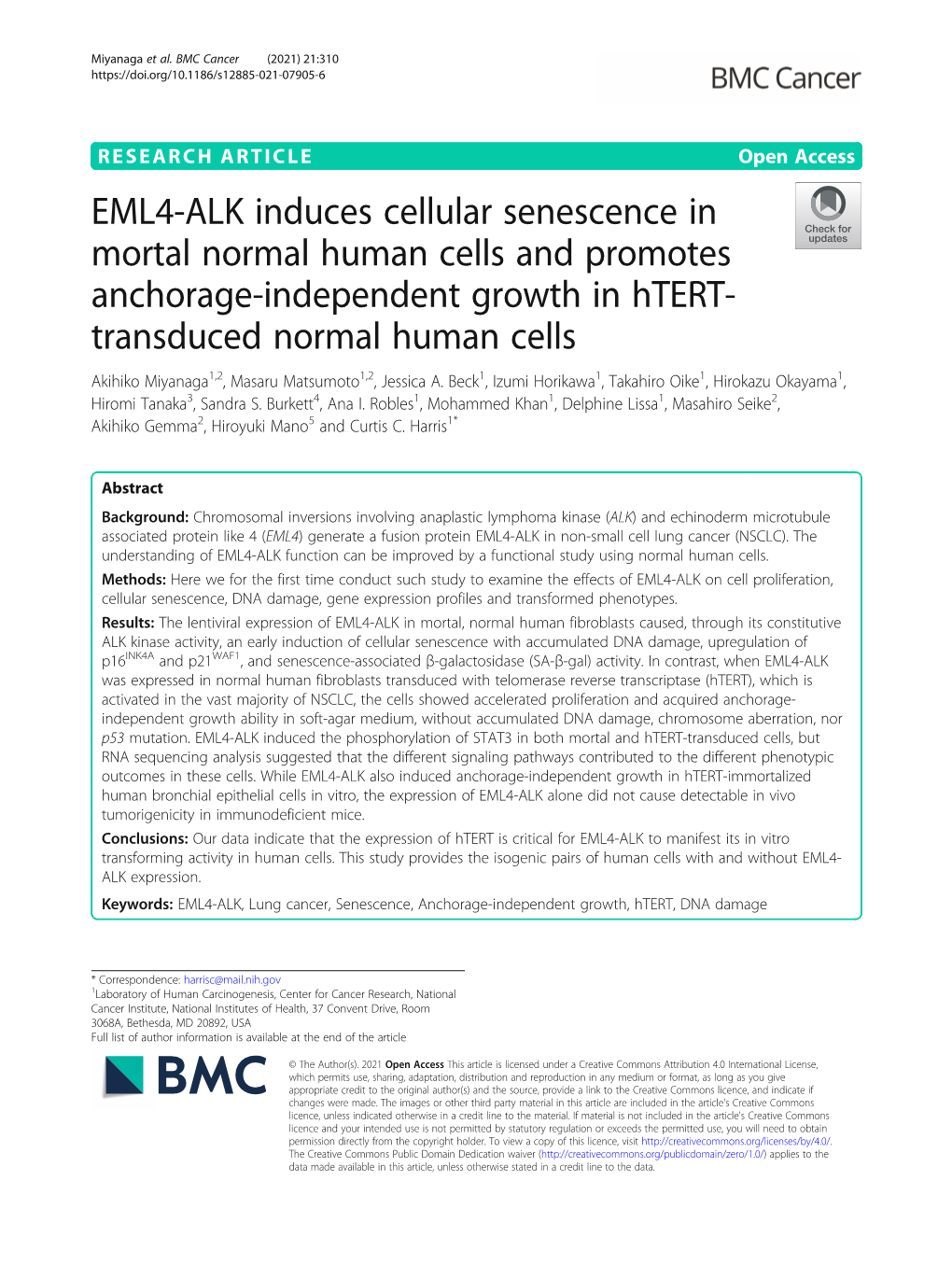 EML4-ALK Induces Cellular Senescence in Mortal Normal