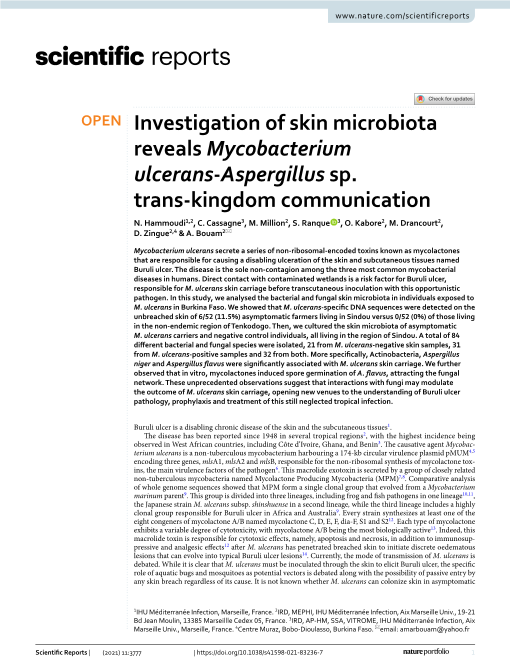 Investigation of Skin Microbiota Reveals Mycobacterium Ulcerans‑Aspergillus Sp